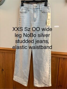 No Boundaries Light Silver Studded Wide Leg Jeans, XXS, NWT, elastic waistband